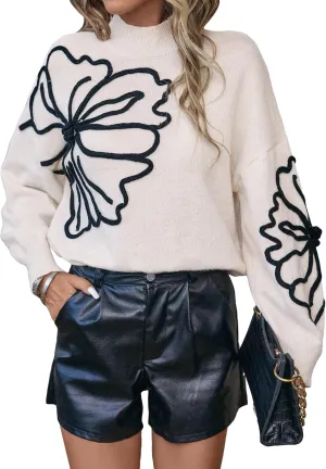 Verdusa Women's Floral Mock Neck Long Sleeve Sweaters Dressy Casual Cute Pullover Knit Sweater Tops