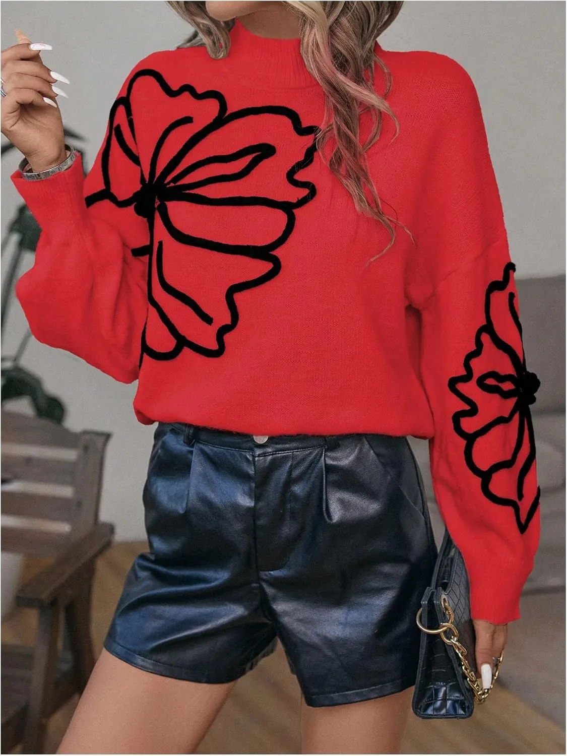 Verdusa Women's Floral Mock Neck Long Sleeve Sweaters Dressy Casual Cute Pullover Knit Sweater Tops