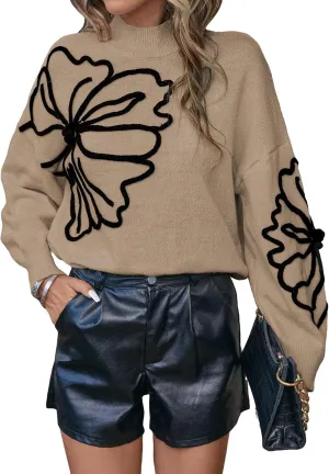 Verdusa Women's Floral Mock Neck Long Sleeve Sweaters Dressy Casual Cute Pullover Knit Sweater Tops