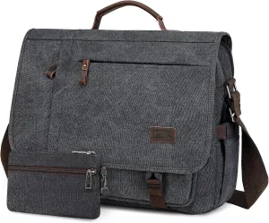 Vintage Messenger Bag 15.6 Inch Waterproof Genuine Leather Waxed Canvas Briefcase Large Leather Computer Laptop Bag