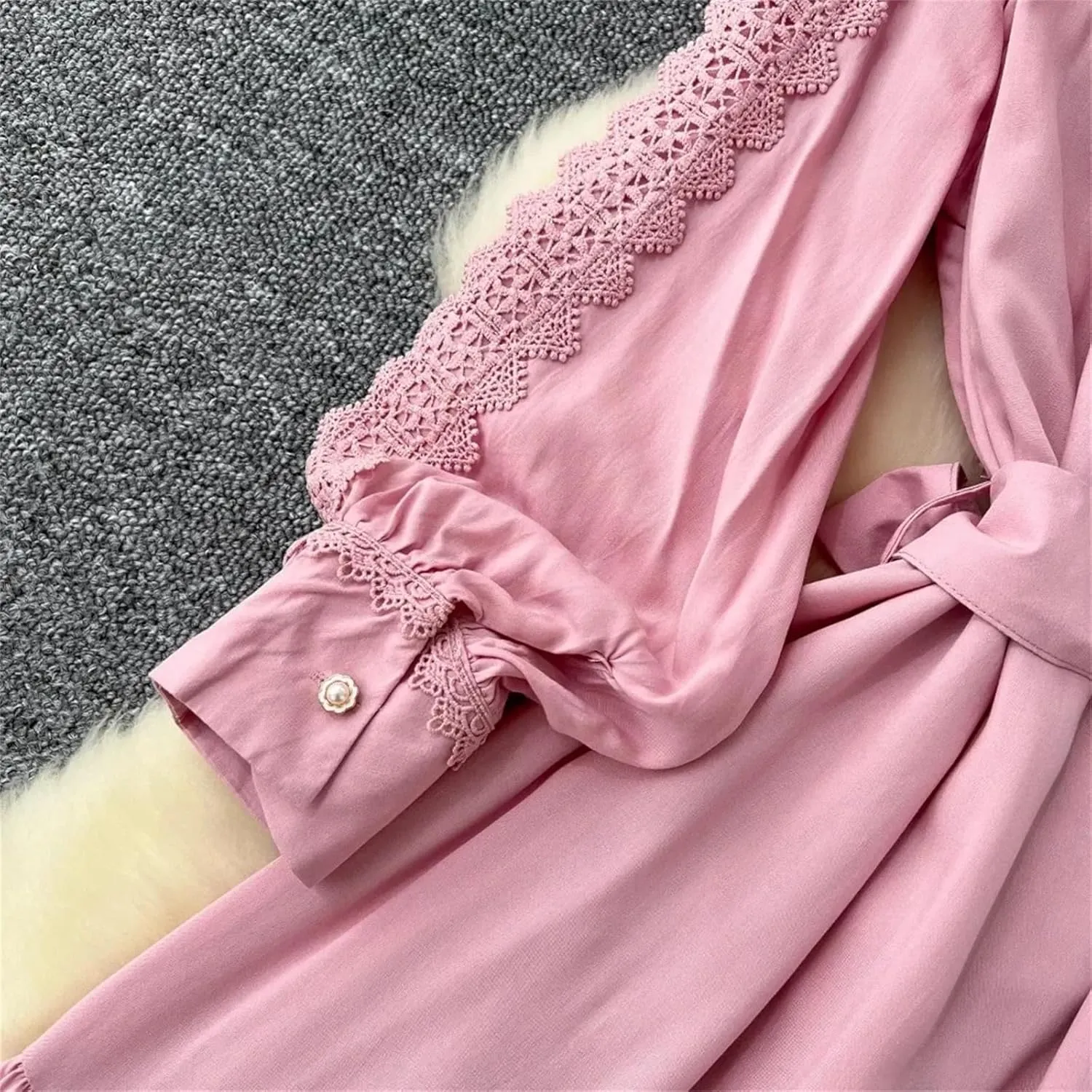 Vintage Robe Femme Turn-Down Collar Lantern Sleeve Dress Lace Bandage Bow Slim Fit Big Swing Maxi Dresses Femme