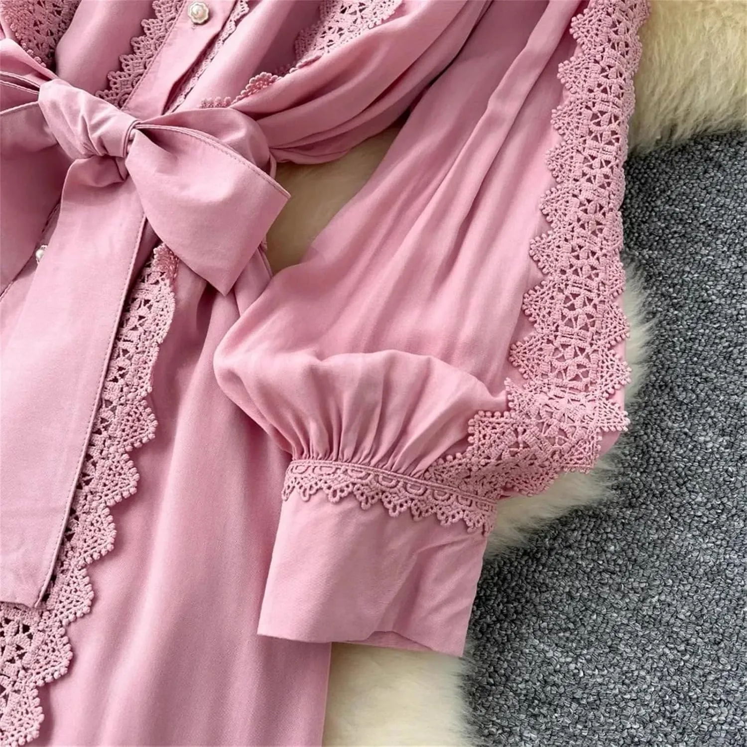 Vintage Robe Femme Turn-Down Collar Lantern Sleeve Dress Lace Bandage Bow Slim Fit Big Swing Maxi Dresses Femme