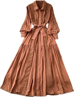 Vintage Robe Femme Turn-Down Collar Lantern Sleeve Dress Lace Bandage Bow Slim Fit Big Swing Maxi Dresses Femme