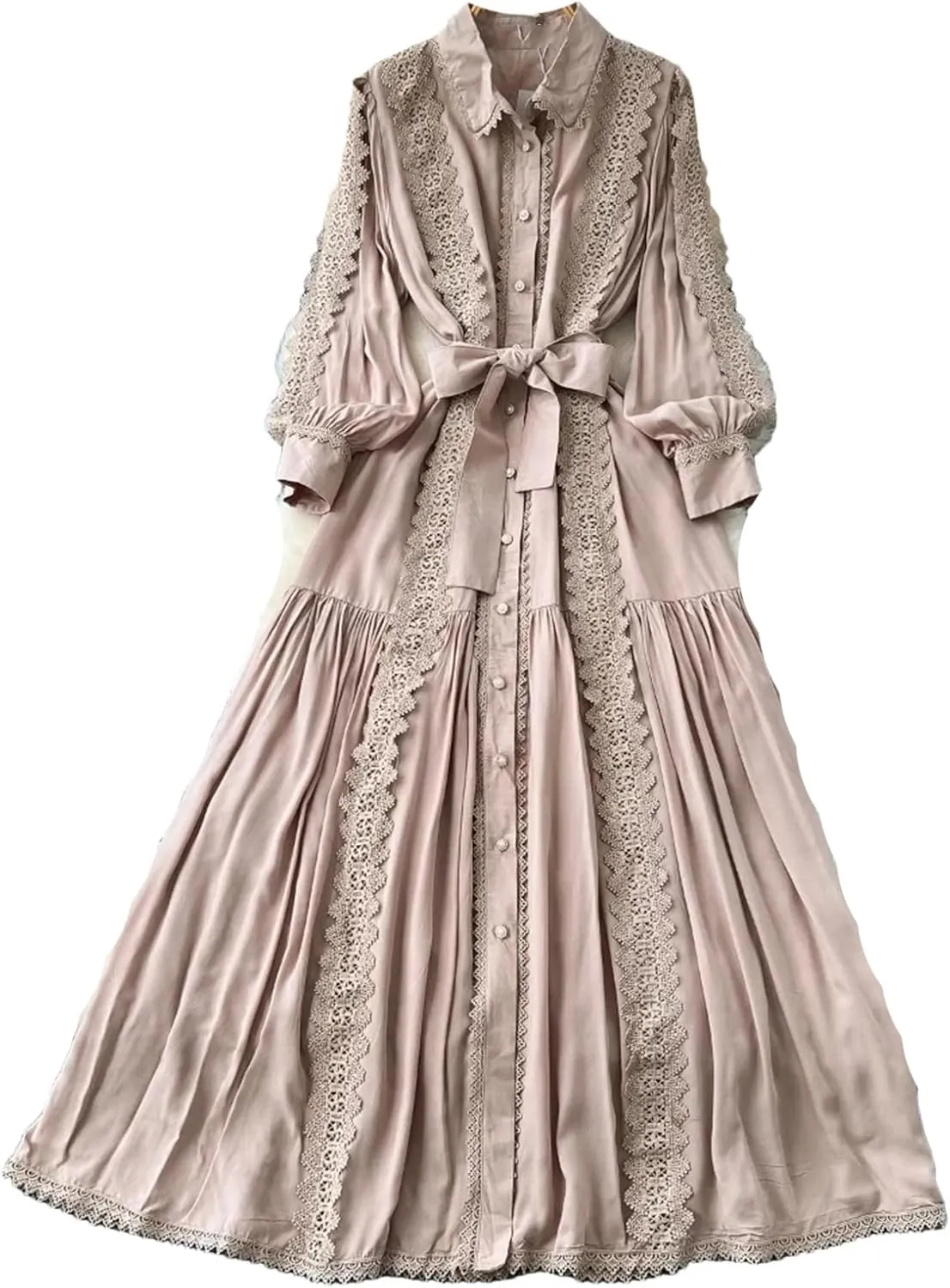 Vintage Robe Femme Turn-Down Collar Lantern Sleeve Dress Lace Bandage Bow Slim Fit Big Swing Maxi Dresses Femme