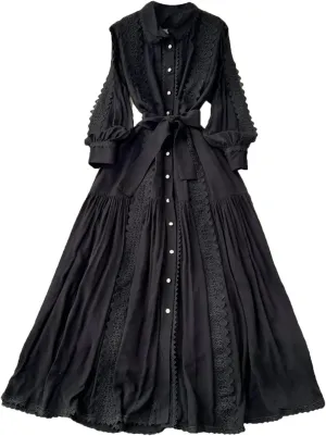 Vintage Robe Femme Turn-Down Collar Lantern Sleeve Dress Lace Bandage Bow Slim Fit Big Swing Maxi Dresses Femme