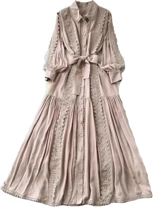 Vintage Robe Femme Turn-Down Collar Lantern Sleeve Dress Lace Bandage Bow Slim Fit Big Swing Maxi Dresses Femme