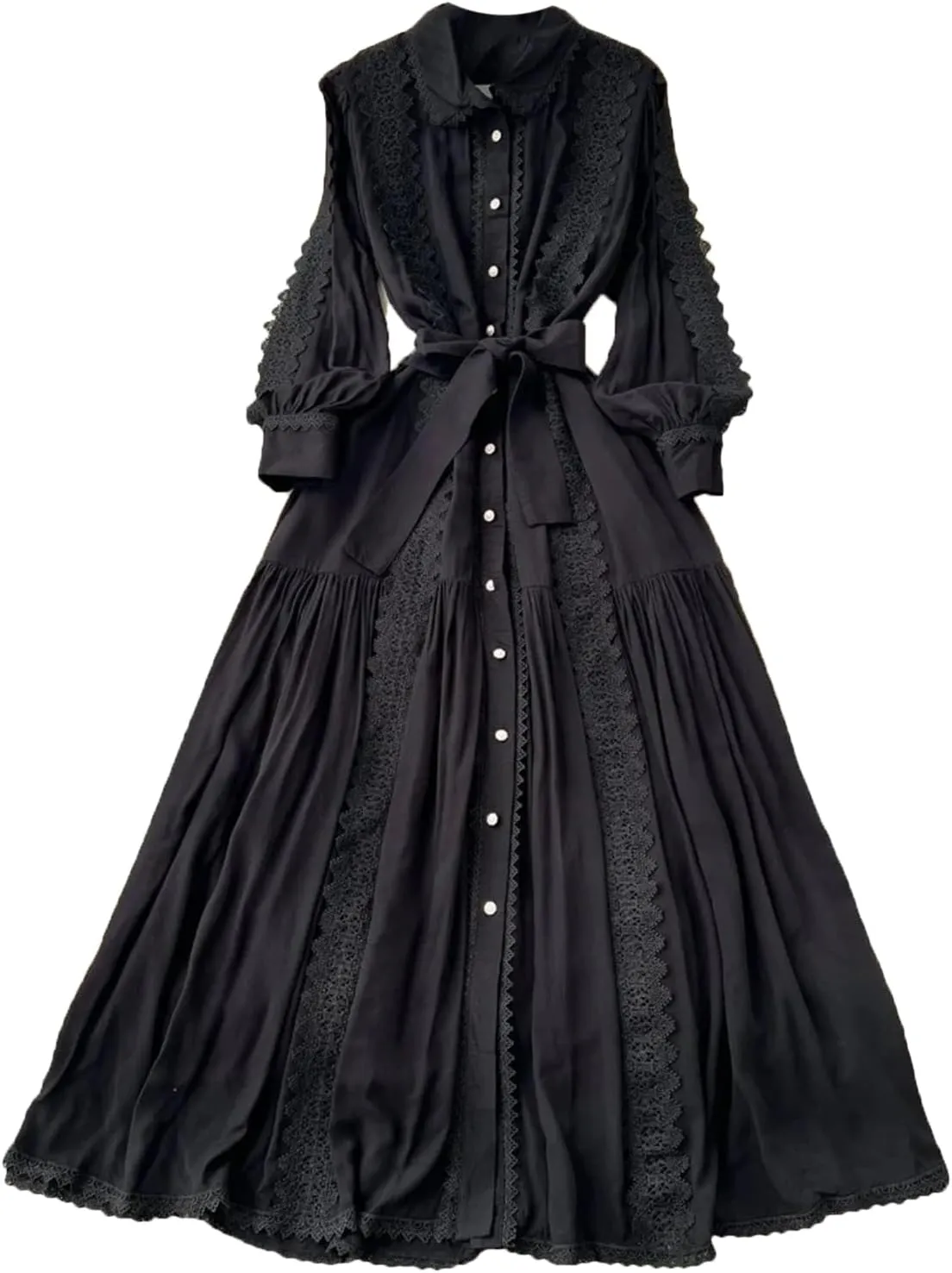 Vintage Robe Femme Turn-Down Collar Lantern Sleeve Dress Lace Bandage Bow Slim Fit Big Swing Maxi Dresses Femme