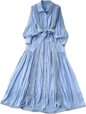Vintage Robe Femme Turn-Down Collar Lantern Sleeve Dress Lace Bandage Bow Slim Fit Big Swing Maxi Dresses Femme