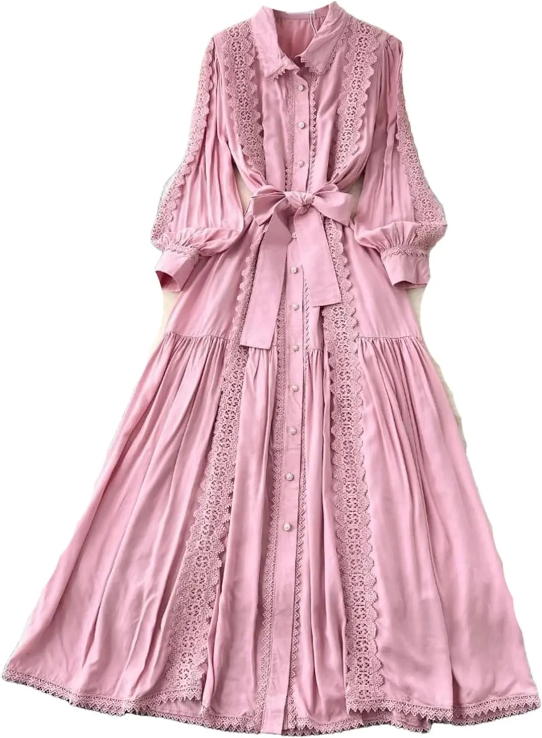 Vintage Robe Femme Turn-Down Collar Lantern Sleeve Dress Lace Bandage Bow Slim Fit Big Swing Maxi Dresses Femme