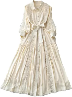 Vintage Robe Femme Turn-Down Collar Lantern Sleeve Dress Lace Bandage Bow Slim Fit Big Swing Maxi Dresses Femme
