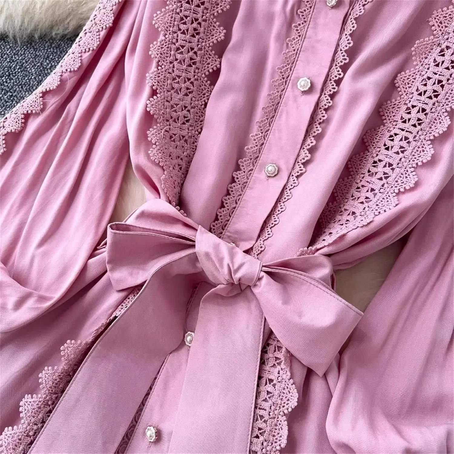 Vintage Robe Femme Turn-Down Collar Lantern Sleeve Dress Lace Bandage Bow Slim Fit Big Swing Maxi Dresses Femme