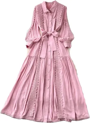 Vintage Robe Femme Turn-Down Collar Lantern Sleeve Dress Lace Bandage Bow Slim Fit Big Swing Maxi Dresses Femme