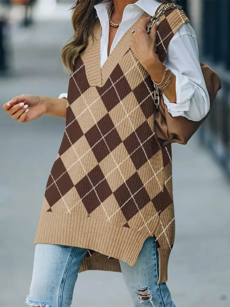 Viottiset Women's Oversized V Neck Knit Sweater Vest Tunic Sleeveless Pullover Top