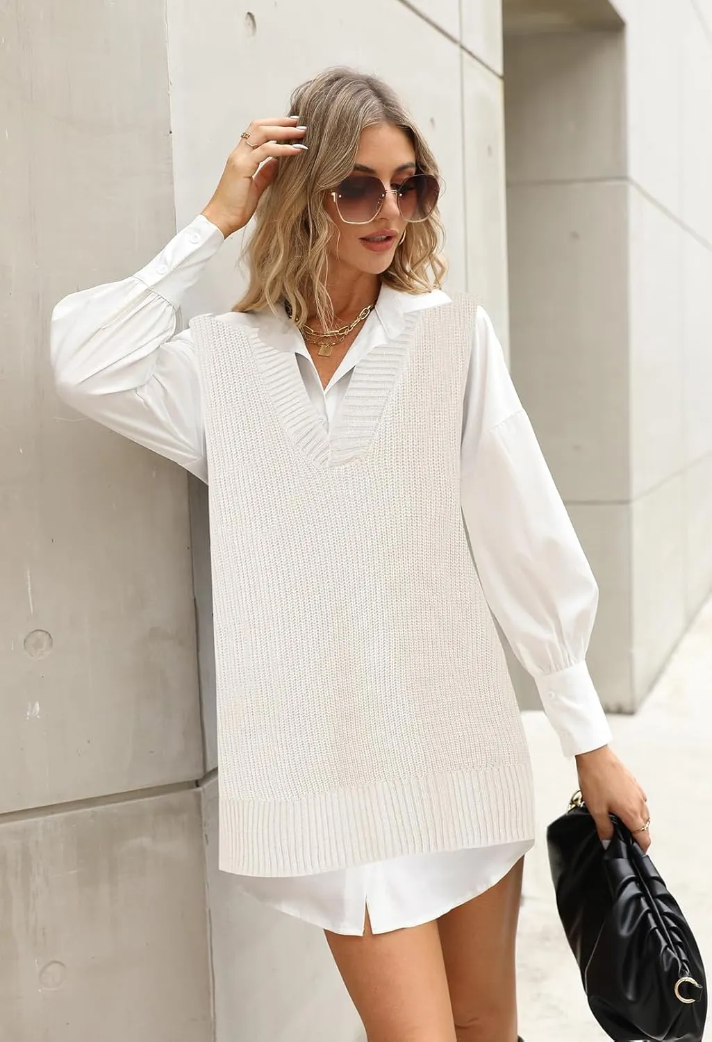 Viottiset Women's Oversized V Neck Knit Sweater Vest Tunic Sleeveless Pullover Top