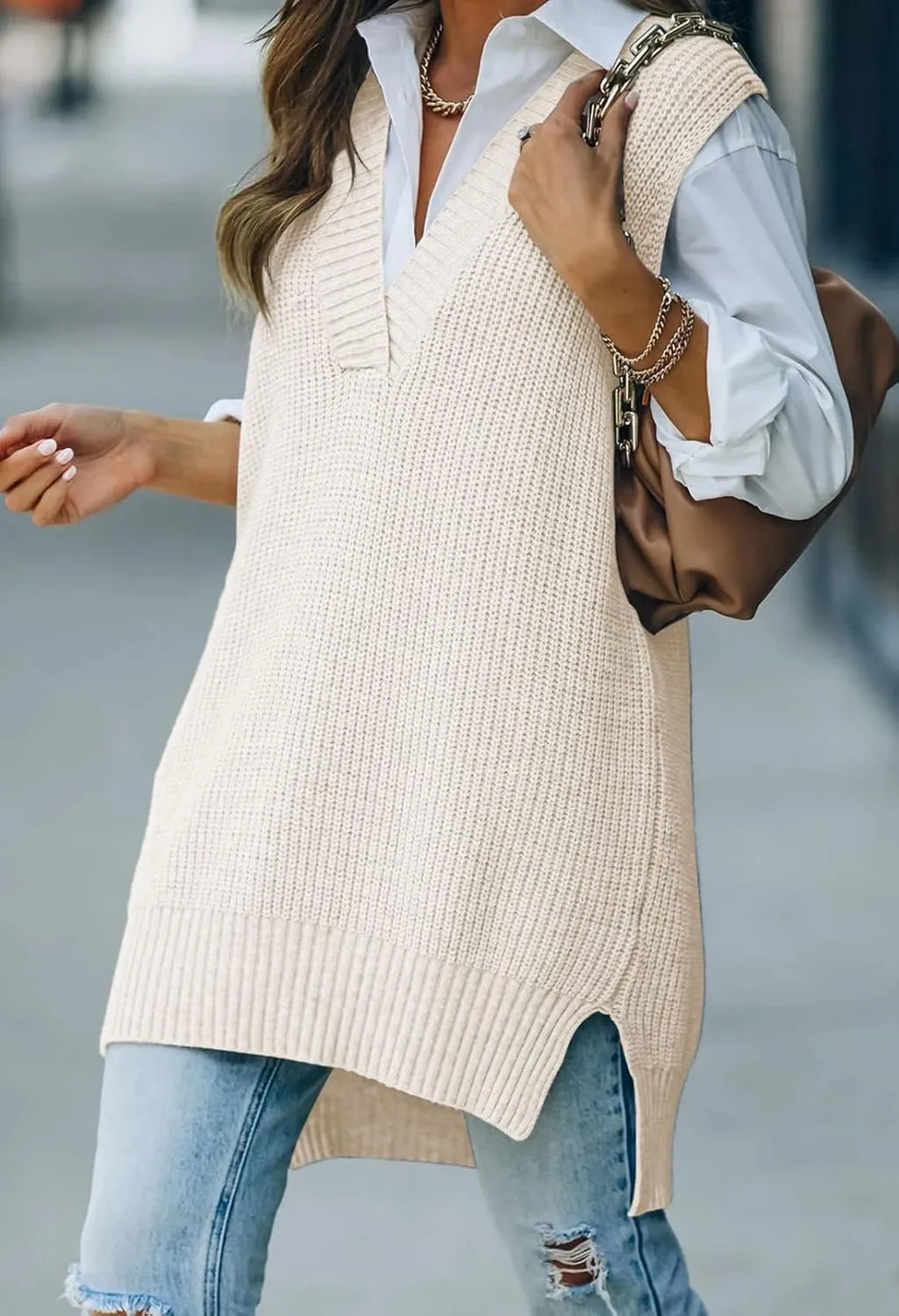 Viottiset Women's Oversized V Neck Knit Sweater Vest Tunic Sleeveless Pullover Top