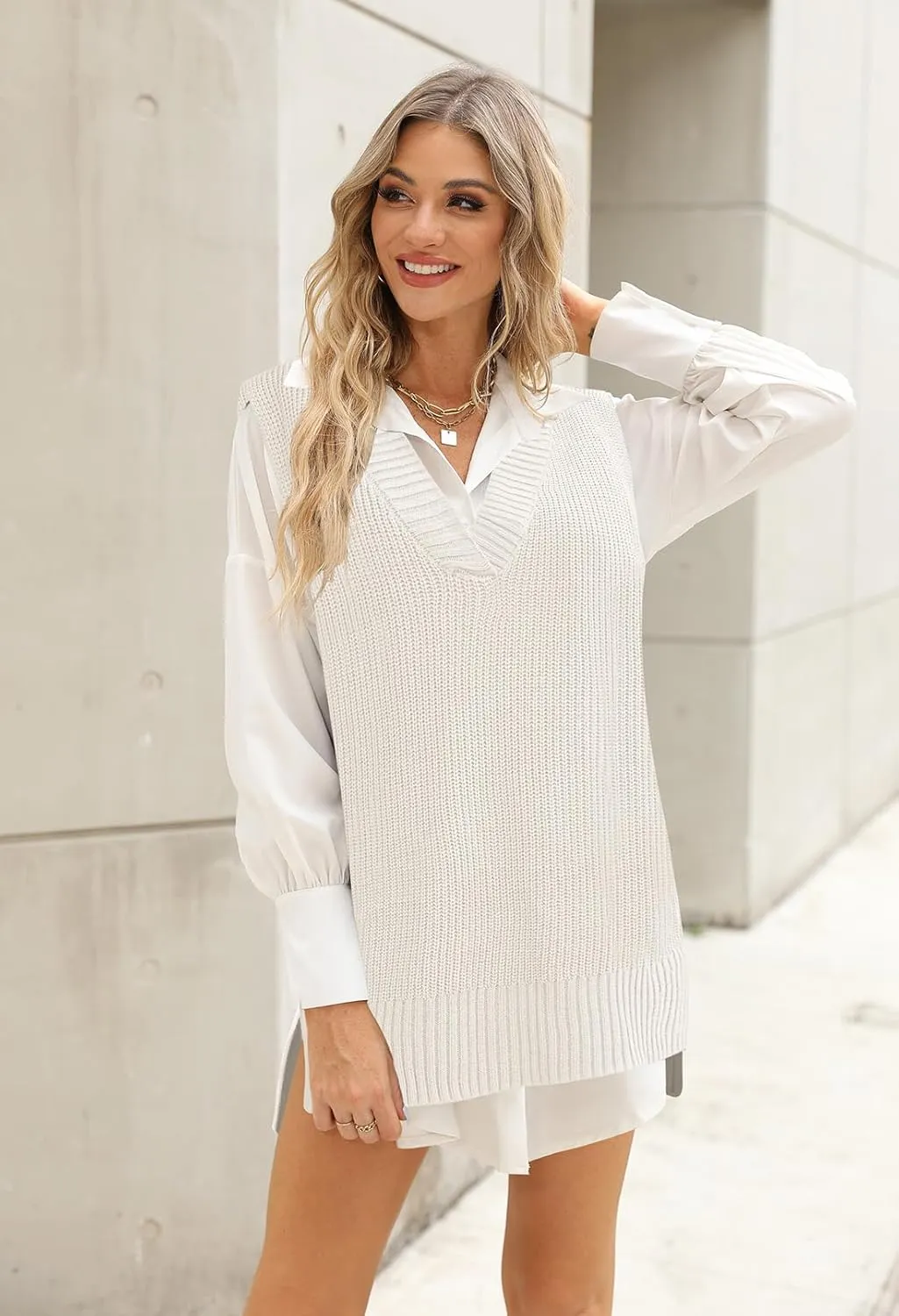 Viottiset Women's Oversized V Neck Knit Sweater Vest Tunic Sleeveless Pullover Top