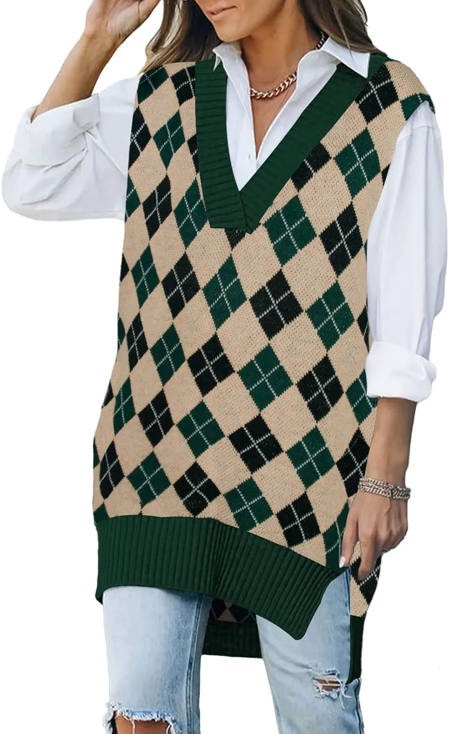 Viottiset Women's Oversized V Neck Knit Sweater Vest Tunic Sleeveless Pullover Top