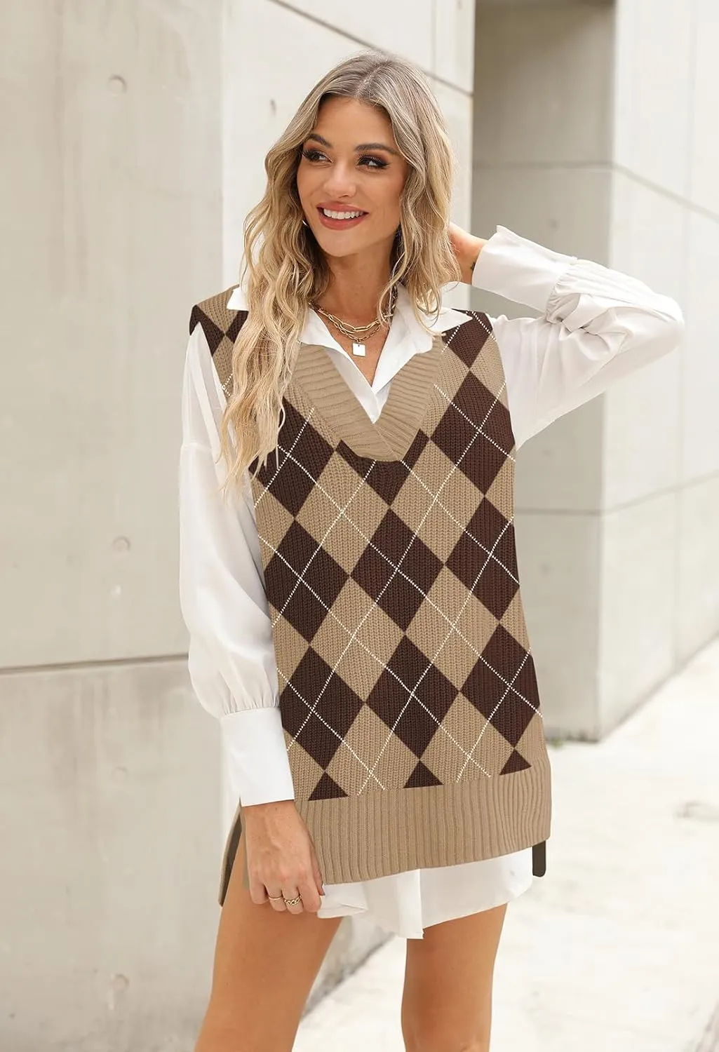 Viottiset Women's Oversized V Neck Knit Sweater Vest Tunic Sleeveless Pullover Top