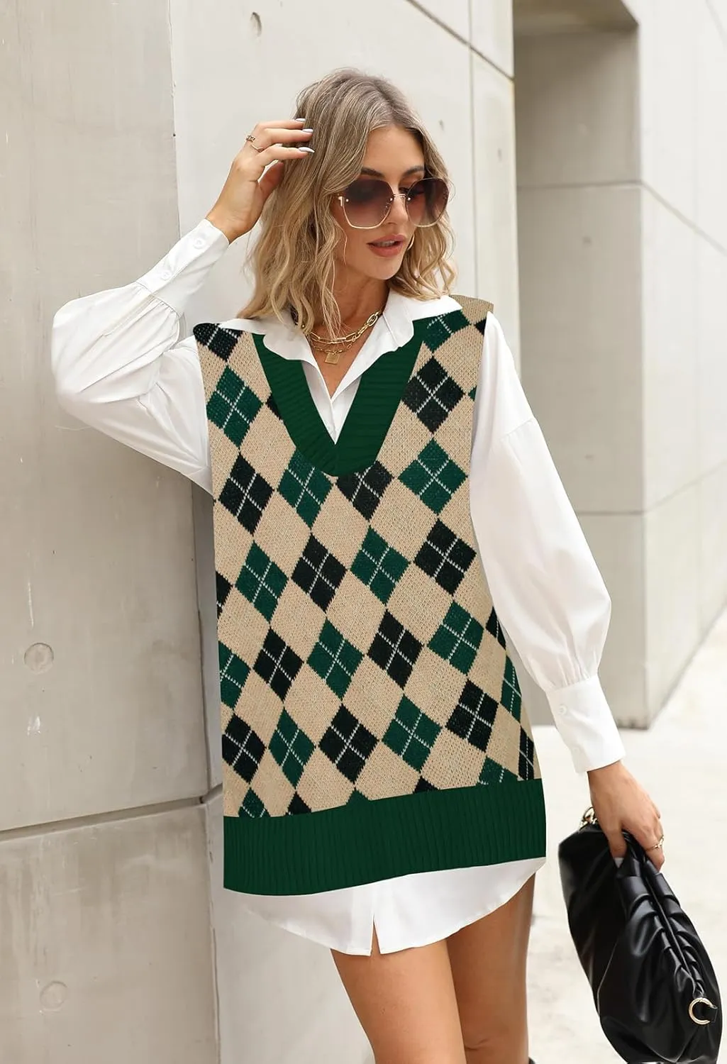 Viottiset Women's Oversized V Neck Knit Sweater Vest Tunic Sleeveless Pullover Top