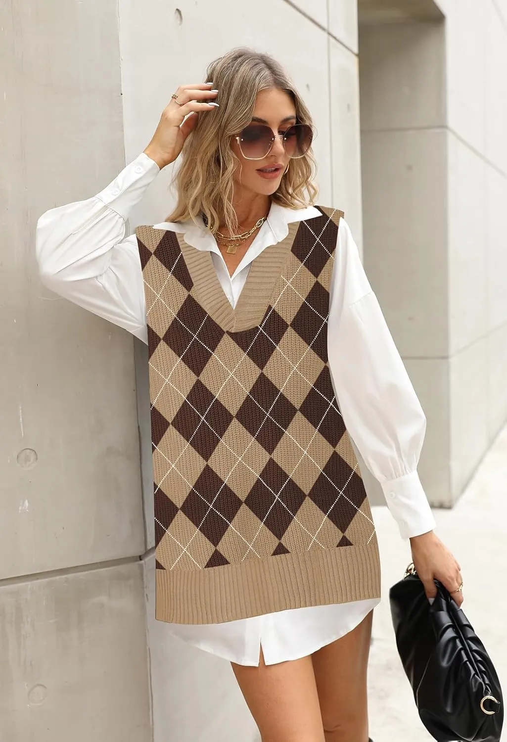 Viottiset Women's Oversized V Neck Knit Sweater Vest Tunic Sleeveless Pullover Top
