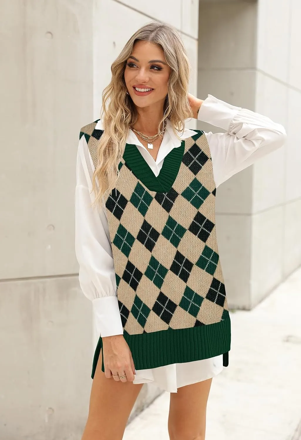 Viottiset Women's Oversized V Neck Knit Sweater Vest Tunic Sleeveless Pullover Top