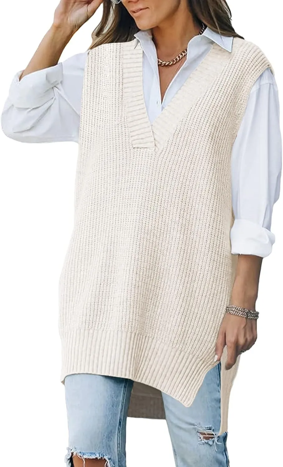 Viottiset Women's Oversized V Neck Knit Sweater Vest Tunic Sleeveless Pullover Top