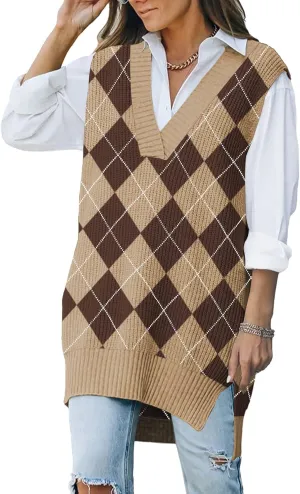 Viottiset Women's Oversized V Neck Knit Sweater Vest Tunic Sleeveless Pullover Top