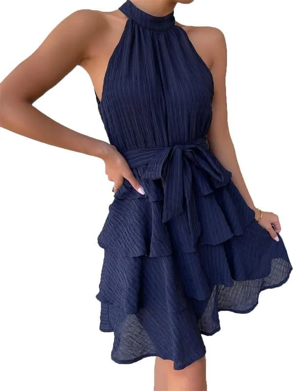 VIVICOLOR Women Summer High Neck A Line Swing Short Dresses with Belt Halter Neck Ruffle Layered Mini Dress Sleeveless