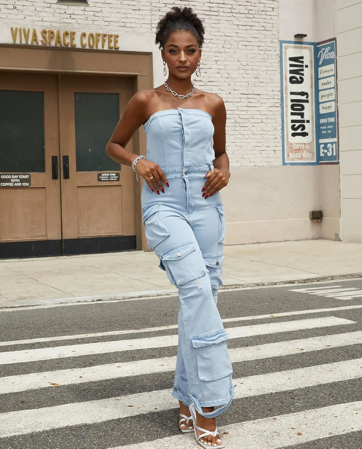 Voghtic Denim Jumpsuit for Women Sexy Off Shoulder V Neck Button Down Cargo Jean Jumpsuit One Piece Outfits
