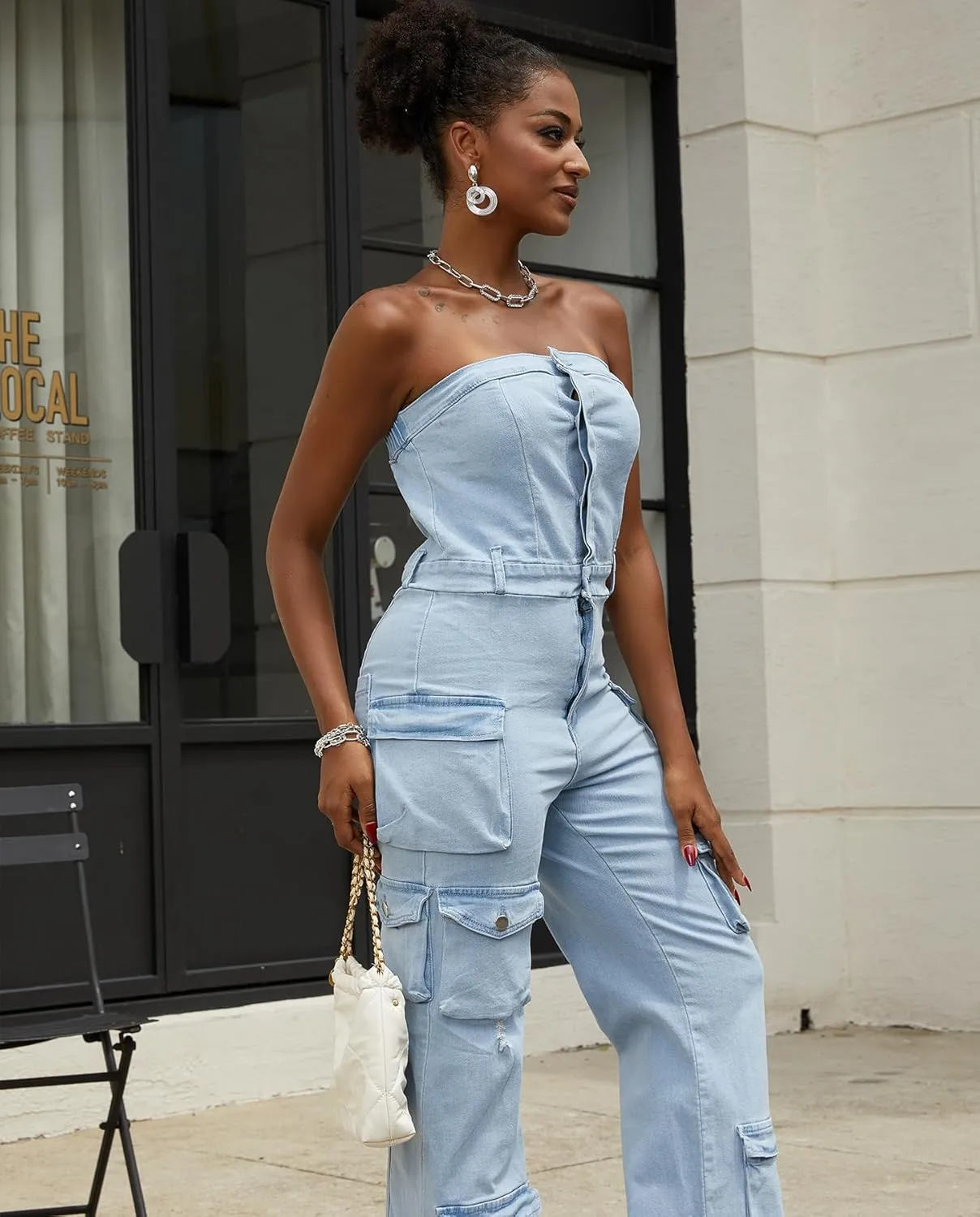 Voghtic Denim Jumpsuit for Women Sexy Off Shoulder V Neck Button Down Cargo Jean Jumpsuit One Piece Outfits