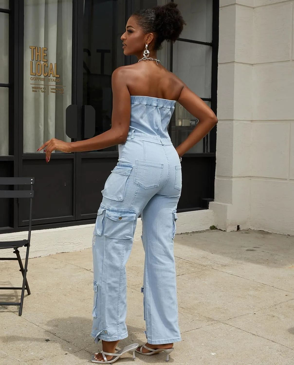 Voghtic Denim Jumpsuit for Women Sexy Off Shoulder V Neck Button Down Cargo Jean Jumpsuit One Piece Outfits