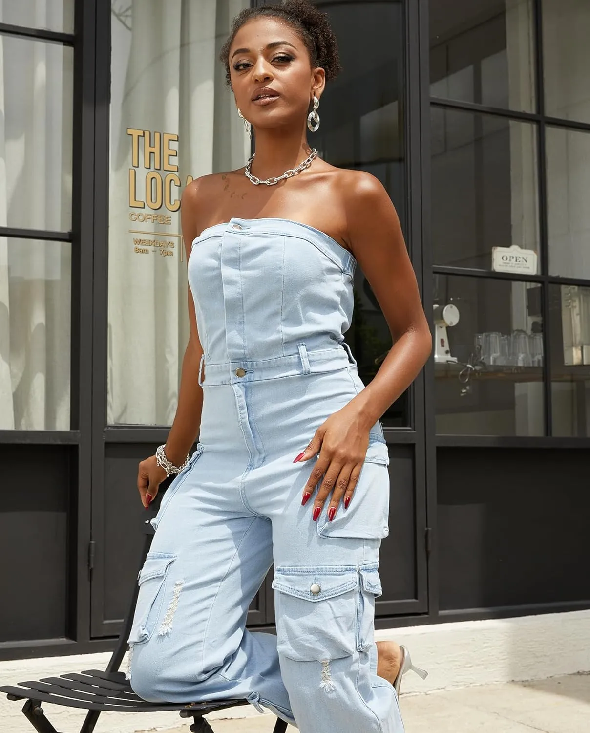 Voghtic Denim Jumpsuit for Women Sexy Off Shoulder V Neck Button Down Cargo Jean Jumpsuit One Piece Outfits