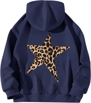 WDIRARA Women's Leopard Star Graphic Hoodie Long Sleeve Oversized Pullover Top Casual Sweatshirt