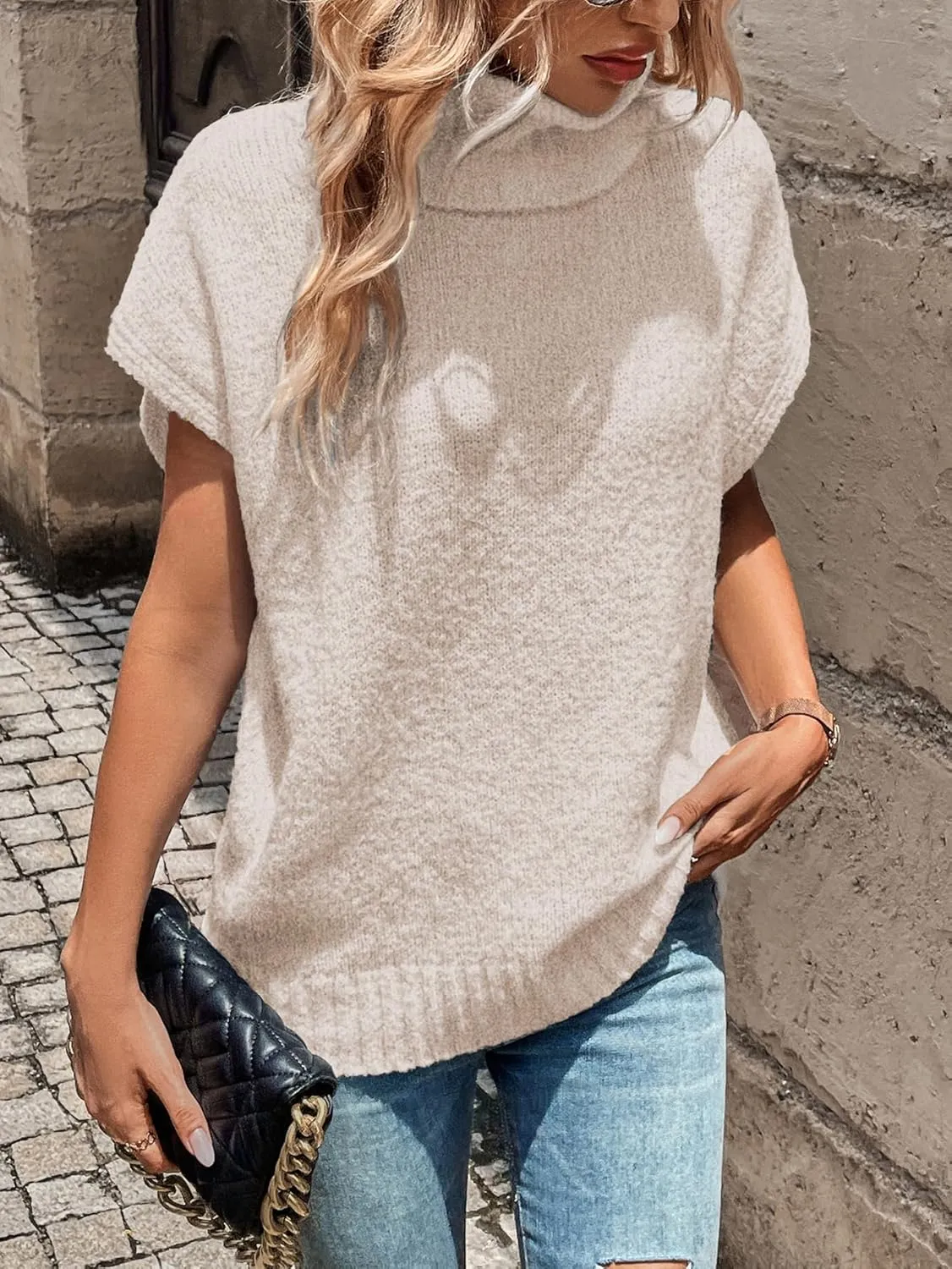 WDIRARA Women's Turtleneck Cap Sleeve Sweater Vest Pullover Knitted Top Loose Oversized Knitwear