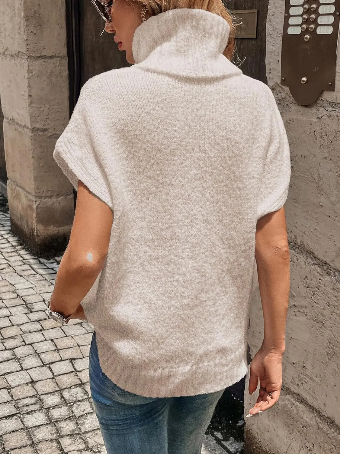 WDIRARA Women's Turtleneck Cap Sleeve Sweater Vest Pullover Knitted Top Loose Oversized Knitwear