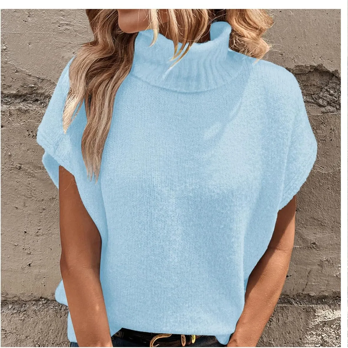 WDIRARA Women's Turtleneck Cap Sleeve Sweater Vest Pullover Knitted Top Loose Oversized Knitwear