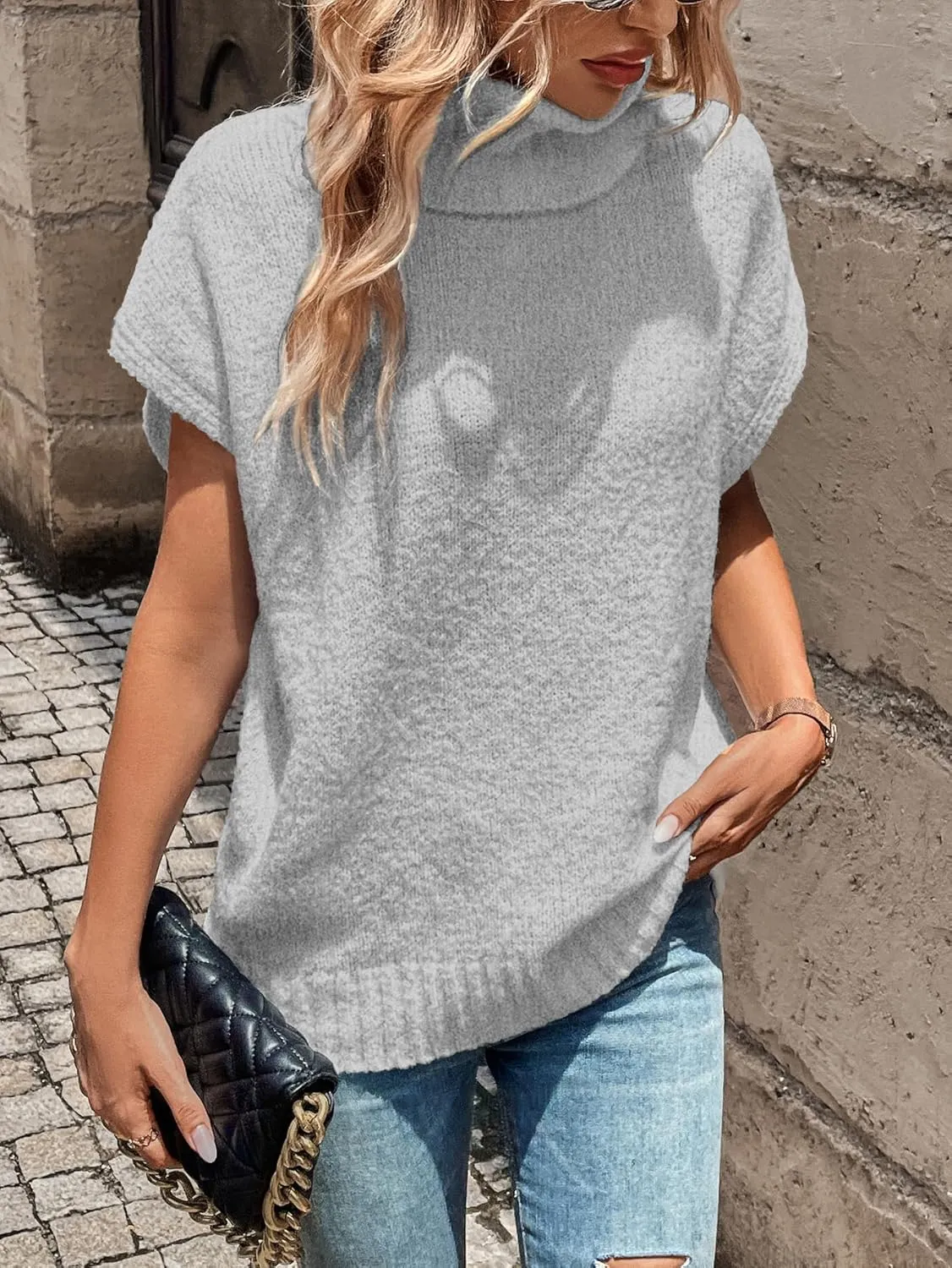 WDIRARA Women's Turtleneck Cap Sleeve Sweater Vest Pullover Knitted Top Loose Oversized Knitwear