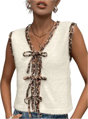 WDIRARA Women's V Neck Sweater Vest Leopard Print Bow Tie Front Sleeveless Knit Tank Top