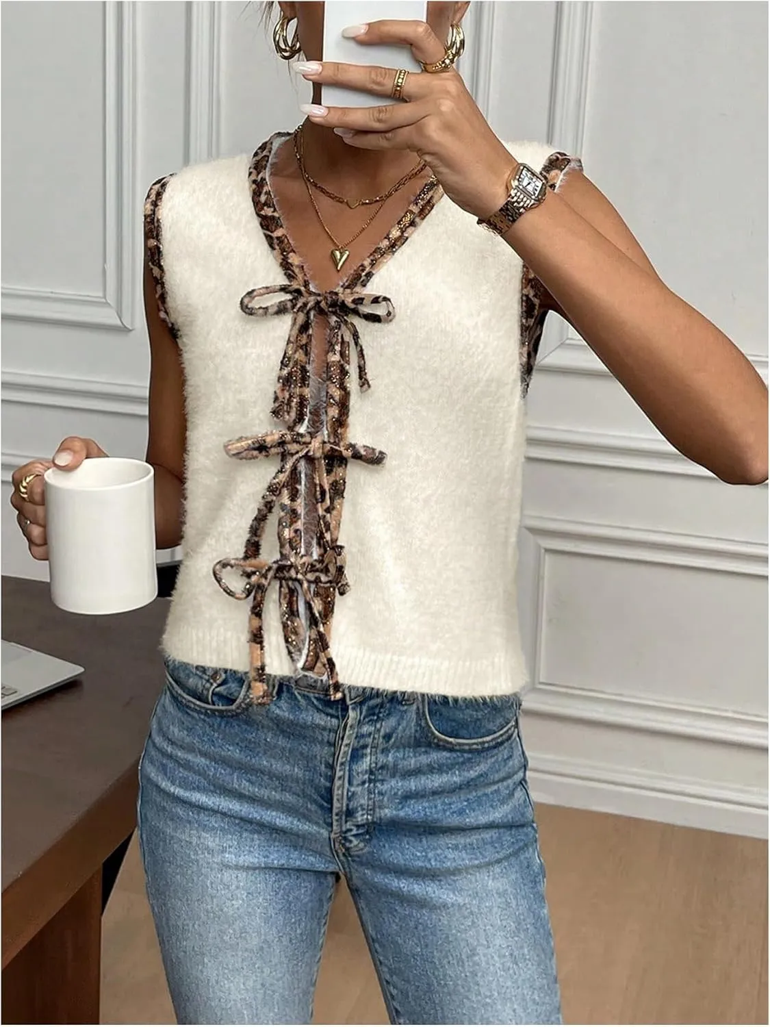 WDIRARA Women's V Neck Sweater Vest Leopard Print Bow Tie Front Sleeveless Knit Tank Top