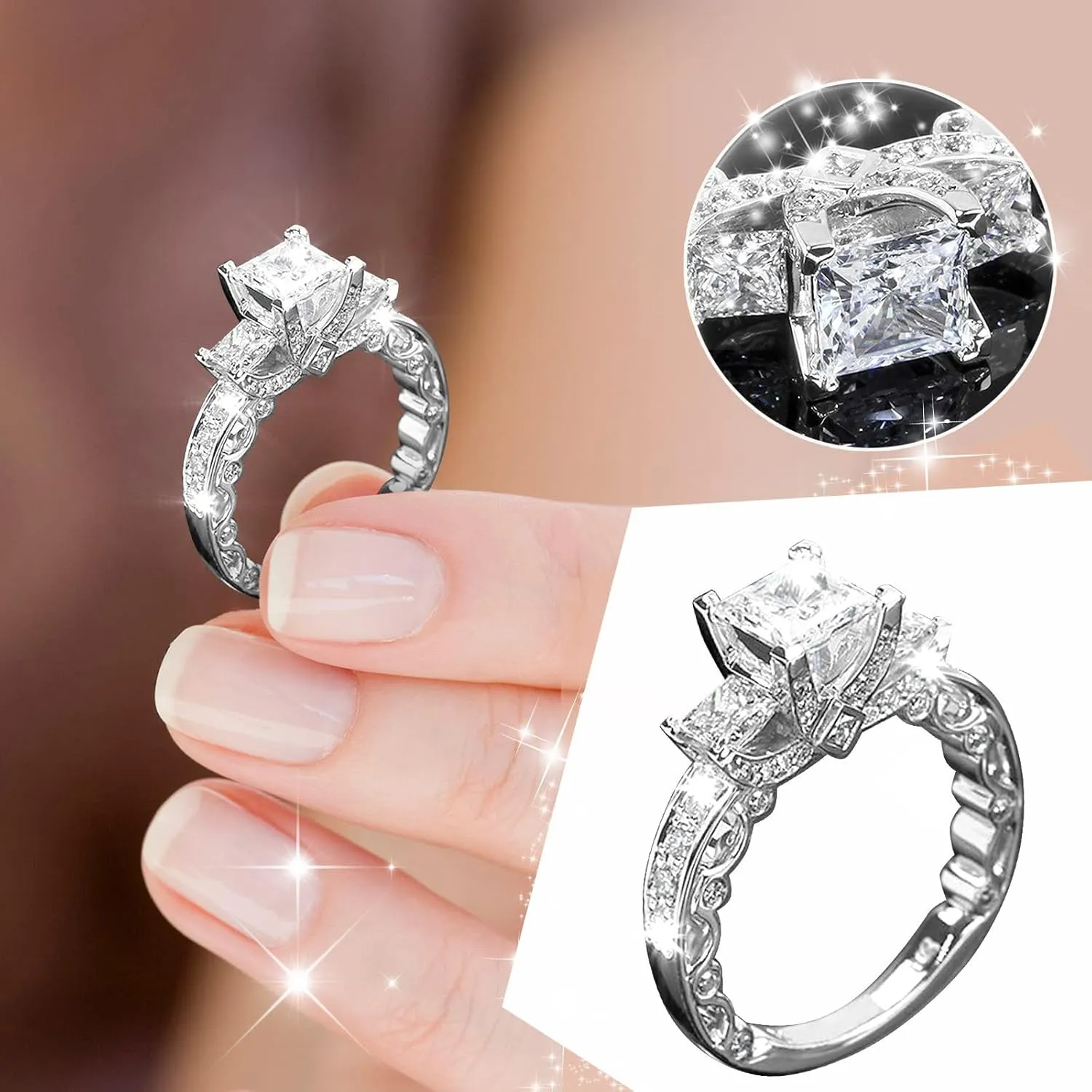 Wedding Band Set for Women,925 Sterling Silver Gemstone Inlaid Vintage Ring Cubic Zirconia Engagement Promise Rings for Her