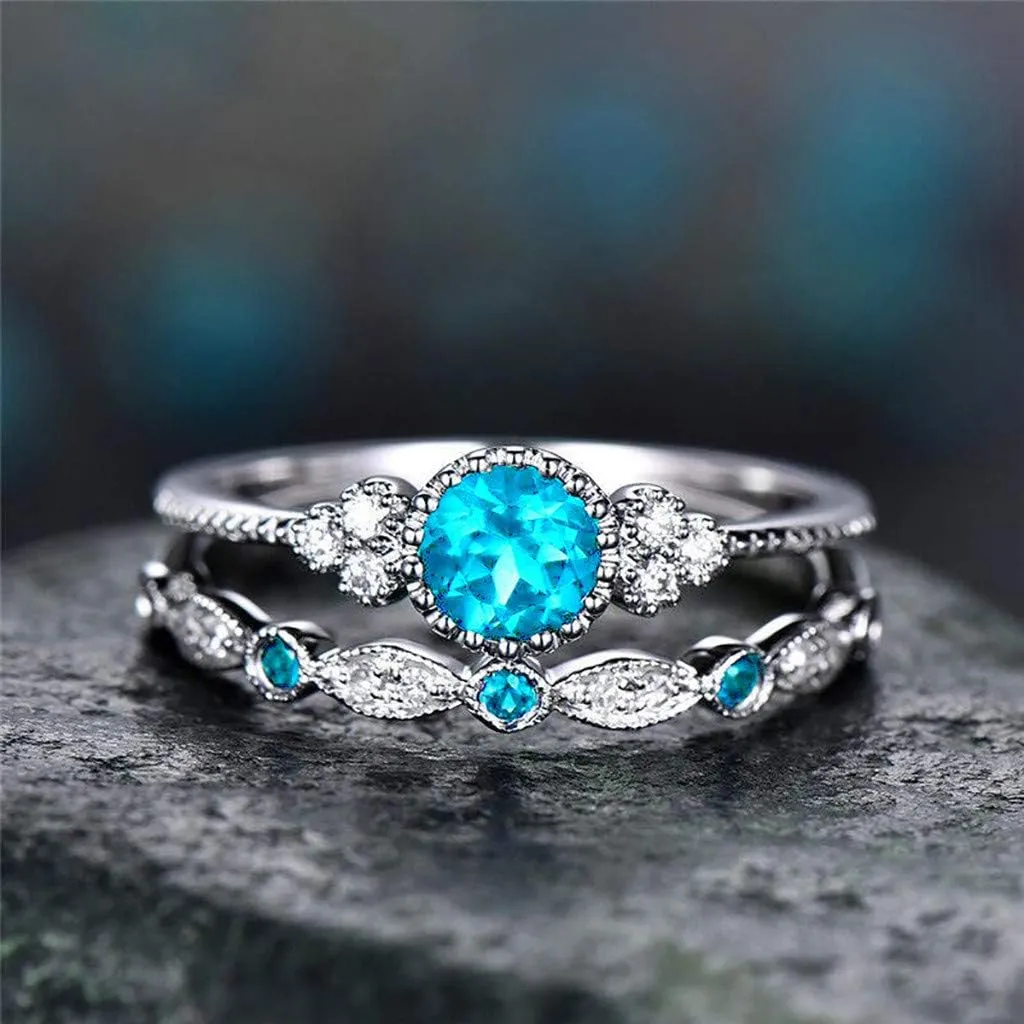 Wedding Band Vintage Bridal Set CZ Cubic Zirconia Round Engagement Ring Set Women's Silver Anniversary Promise