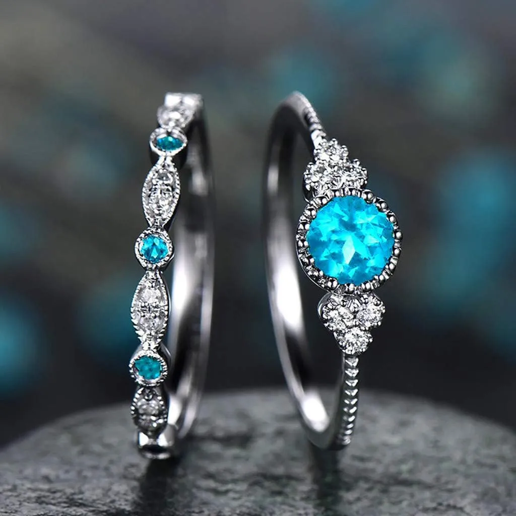 Wedding Band Vintage Bridal Set CZ Cubic Zirconia Round Engagement Ring Set Women's Silver Anniversary Promise