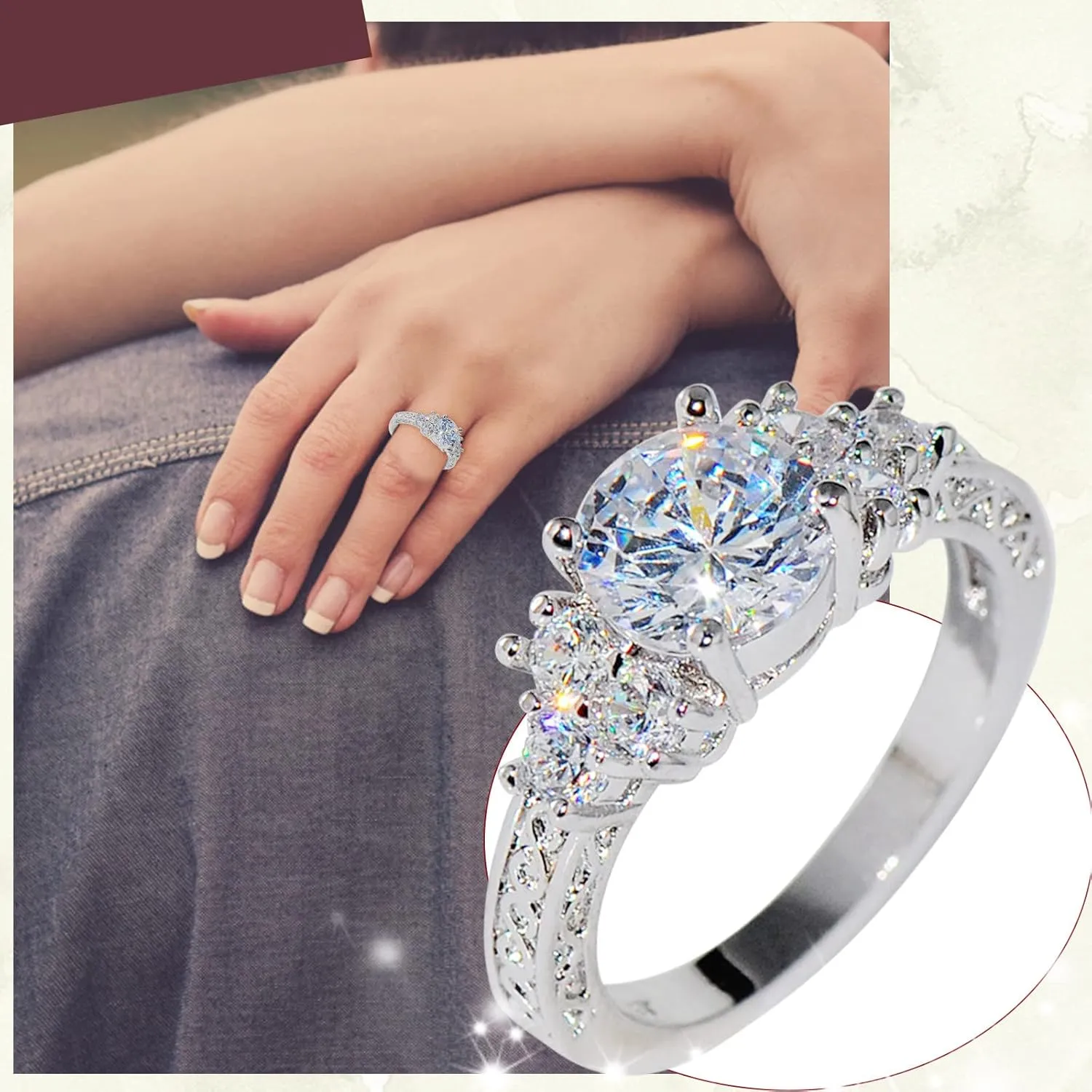 White Gold Plated Sterling Silver Rings,Gemstone Birthstone Inlaid Wedding Bands Cubic Zirconia Engagement Promise Ring