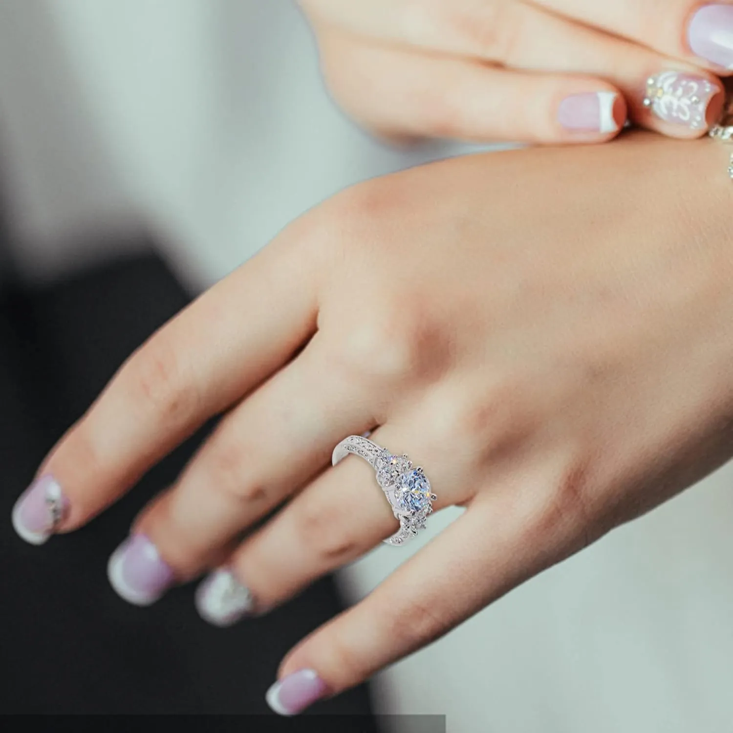White Gold Plated Sterling Silver Rings,Gemstone Birthstone Inlaid Wedding Bands Cubic Zirconia Engagement Promise Ring