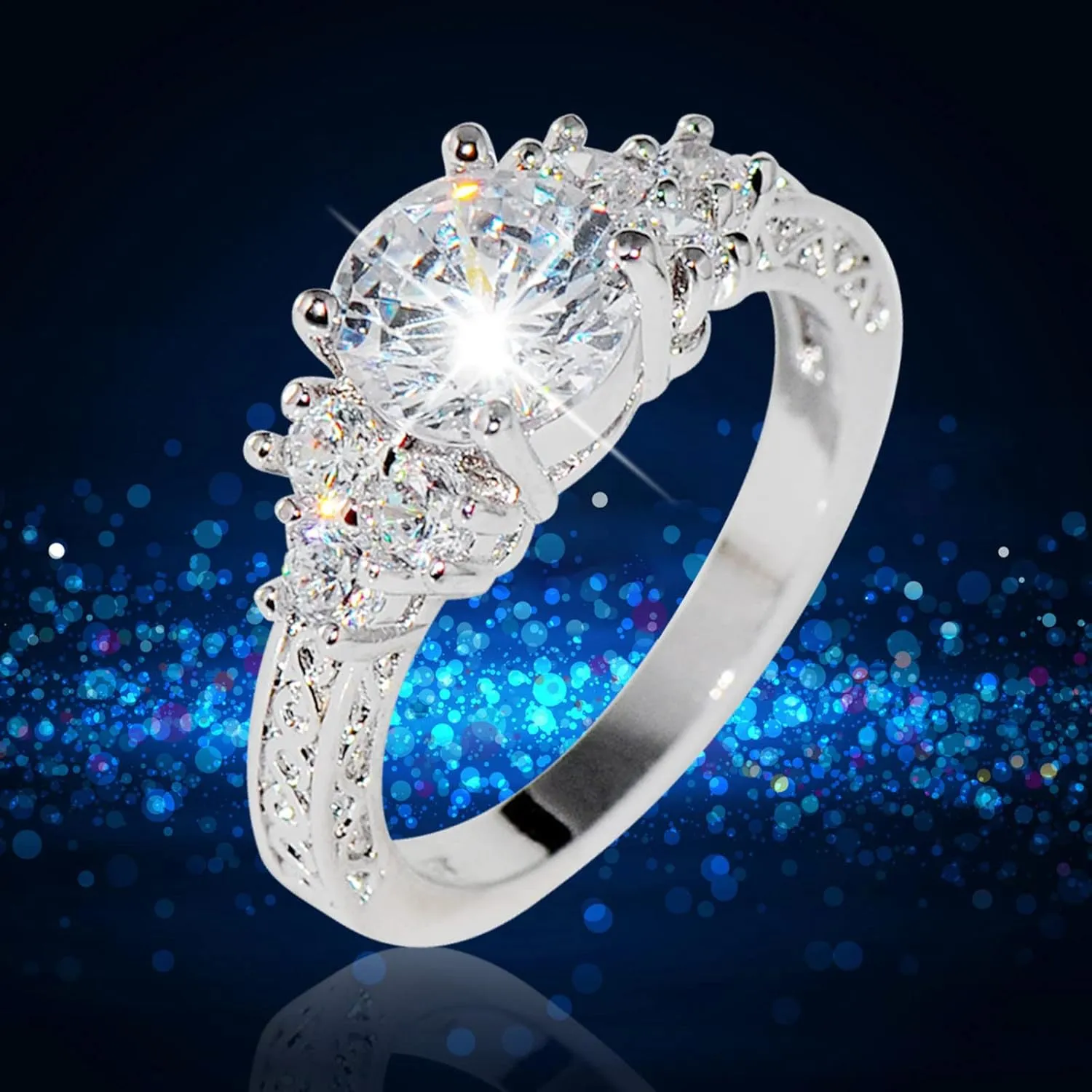 White Gold Plated Sterling Silver Rings,Gemstone Birthstone Inlaid Wedding Bands Cubic Zirconia Engagement Promise Ring