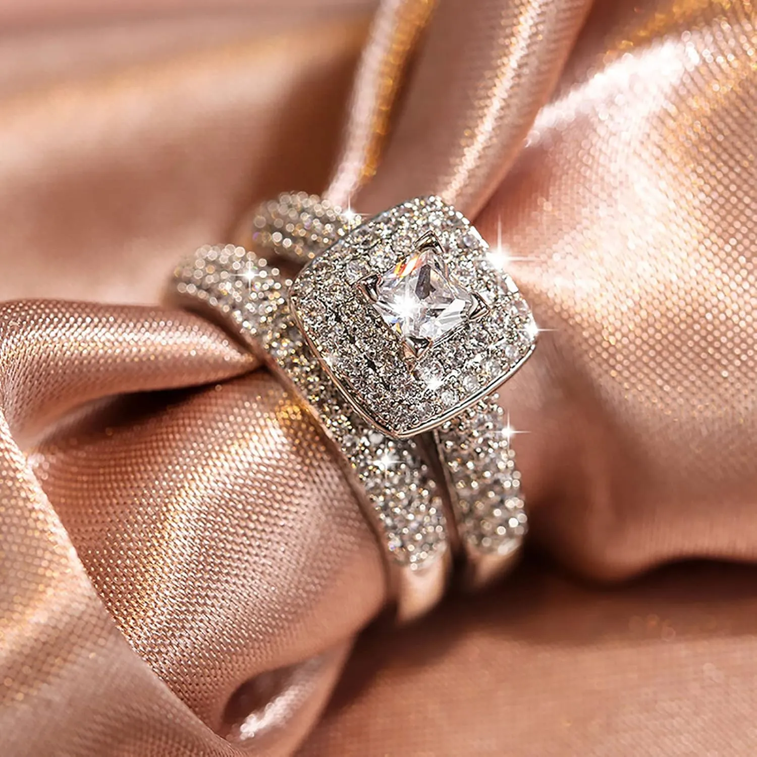 White Square Cubic Zirconia Wedding Rings Fashion Sliver Women Wedding Ring Set Engagement Rings for Women