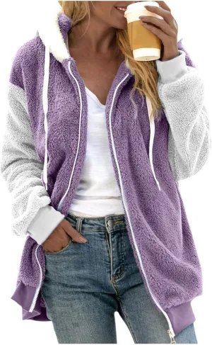 Winter Coat For Women 2023 Fuzzy Fleece Jacket Hooded Color Block Thermal Coat Oversized Fluffy Sherpa Outerwear