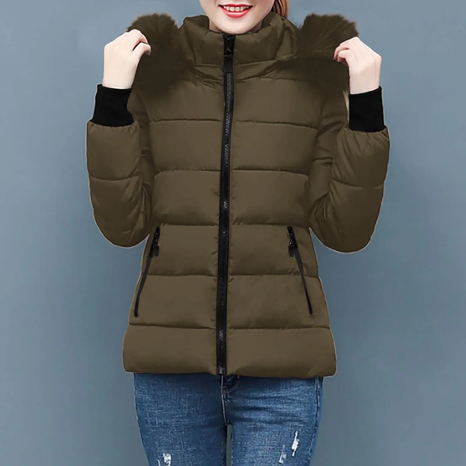 Winter Coats for Women Fashion Full Zip Long Sleeve Hood Cropped Puffer down Jackets Casual Slim Fit Warm Padded Coat