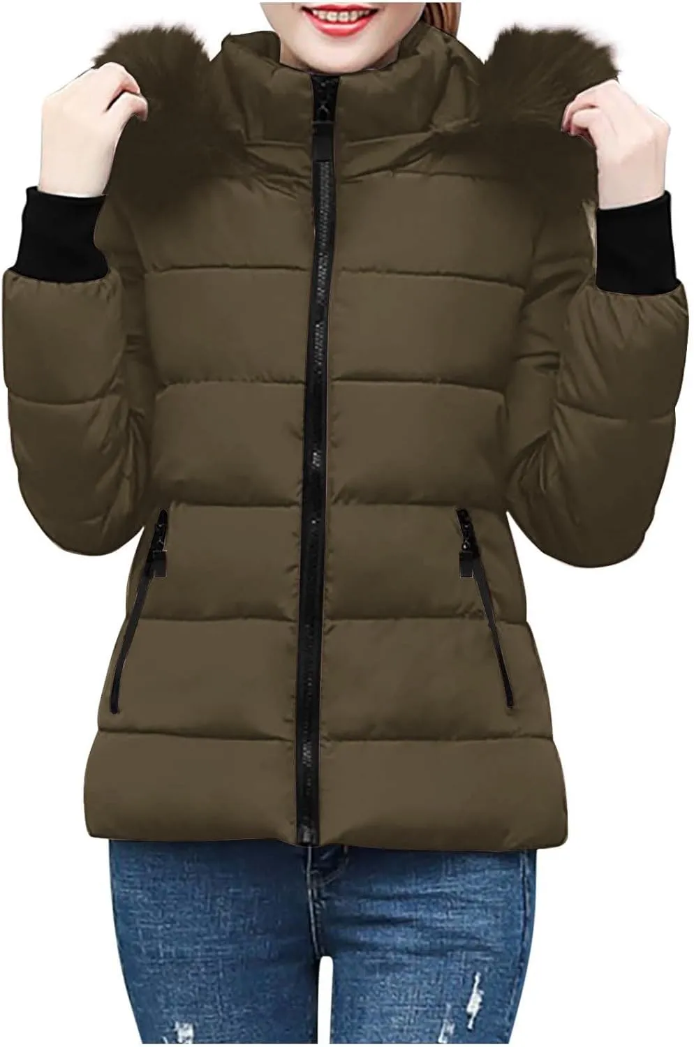 Winter Coats for Women Fashion Full Zip Long Sleeve Hood Cropped Puffer down Jackets Casual Slim Fit Warm Padded Coat