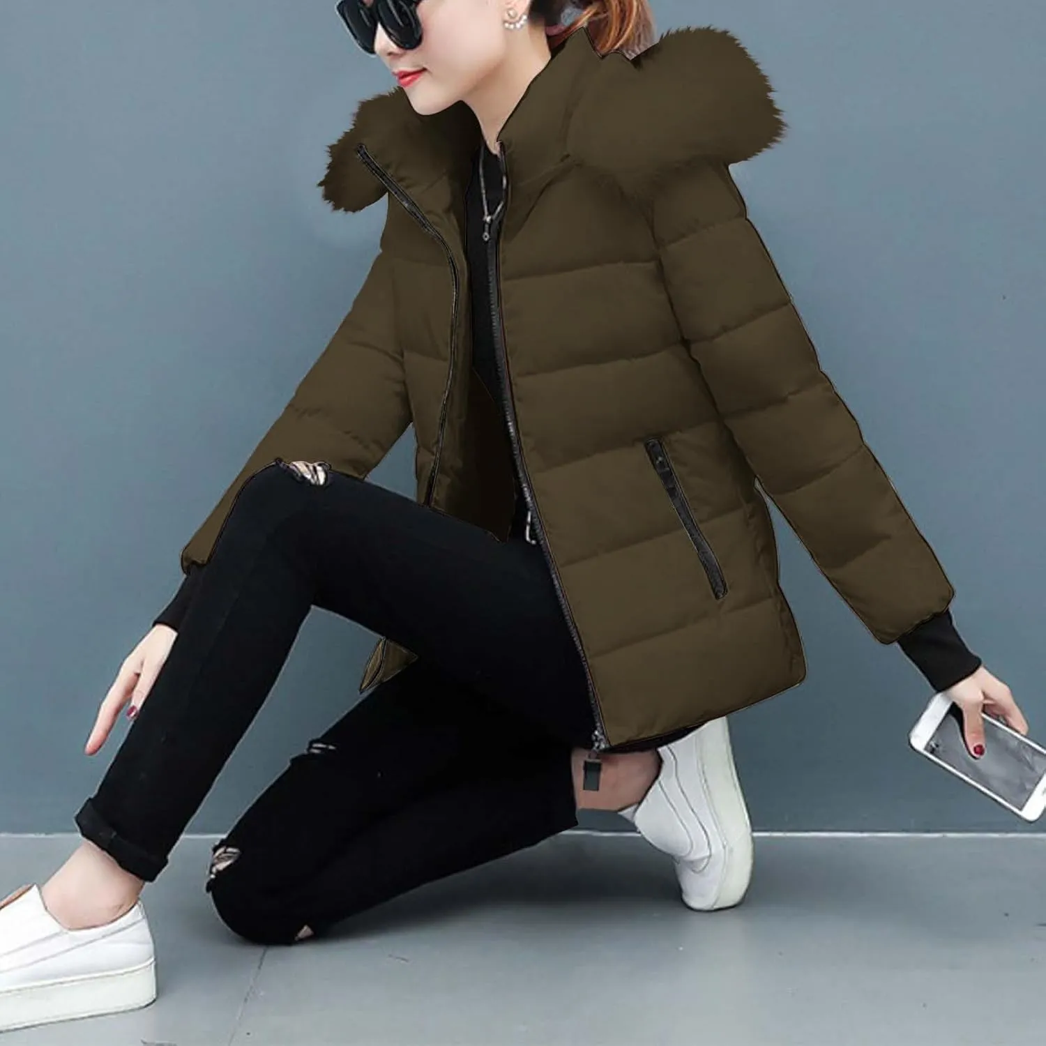 Winter Coats for Women Fashion Full Zip Long Sleeve Hood Cropped Puffer down Jackets Casual Slim Fit Warm Padded Coat